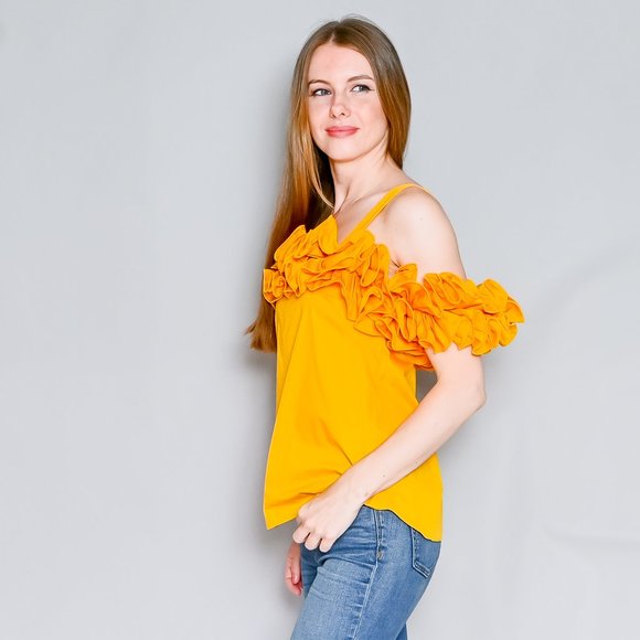 AMANDA UPRICHARD Joelle Marigold Cotton Ruffle Top NWT - Picture 5 of 6